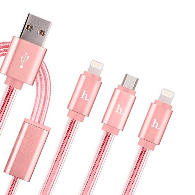 Дата-кабель Hoco UPL12 2xLightning+Micro 1.2 м, розовый - 1