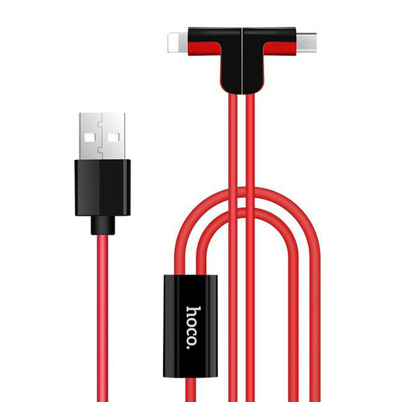 Дата-кабель Hoco X12 Lightning+Micro 1 м, красный с чёрным - 1