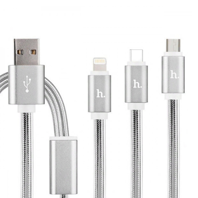 Дата-кабель Hoco UPL12 Lightning+Type-C+Micro 1.2 м, серебристый - 2