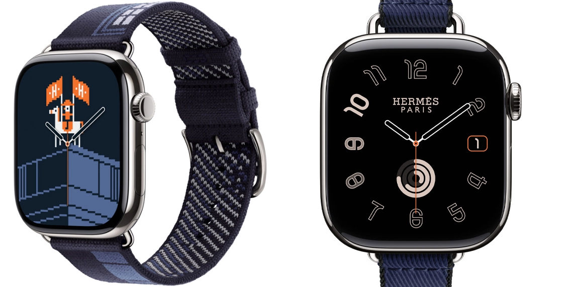Умные часы Apple Watch Hermes Series 11 42mm GPS + Cellular Silver Titanium Case Gold/Ecru Single Tour Toile H Strap  (with Orange Hermès Sport band) - 2