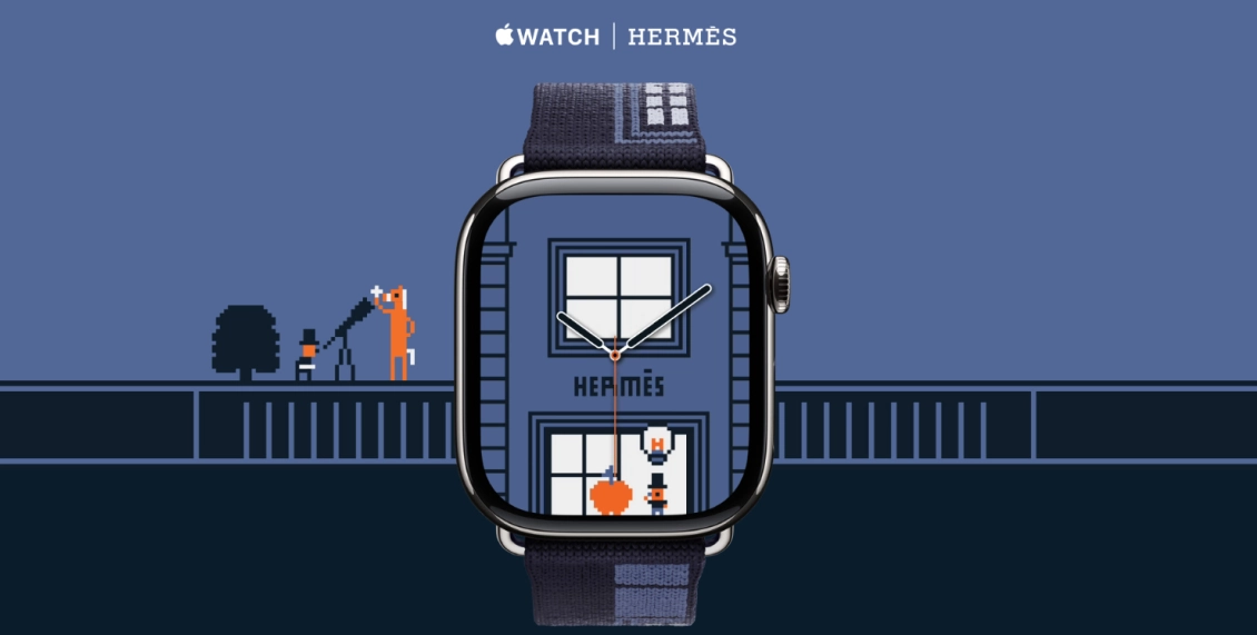 Умные часы Apple Watch Hermes Series 11 42mm GPS + Cellular Silver Titanium Case Gold/Ecru Single Tour Toile H Strap  (with Orange Hermès Sport band) - 1