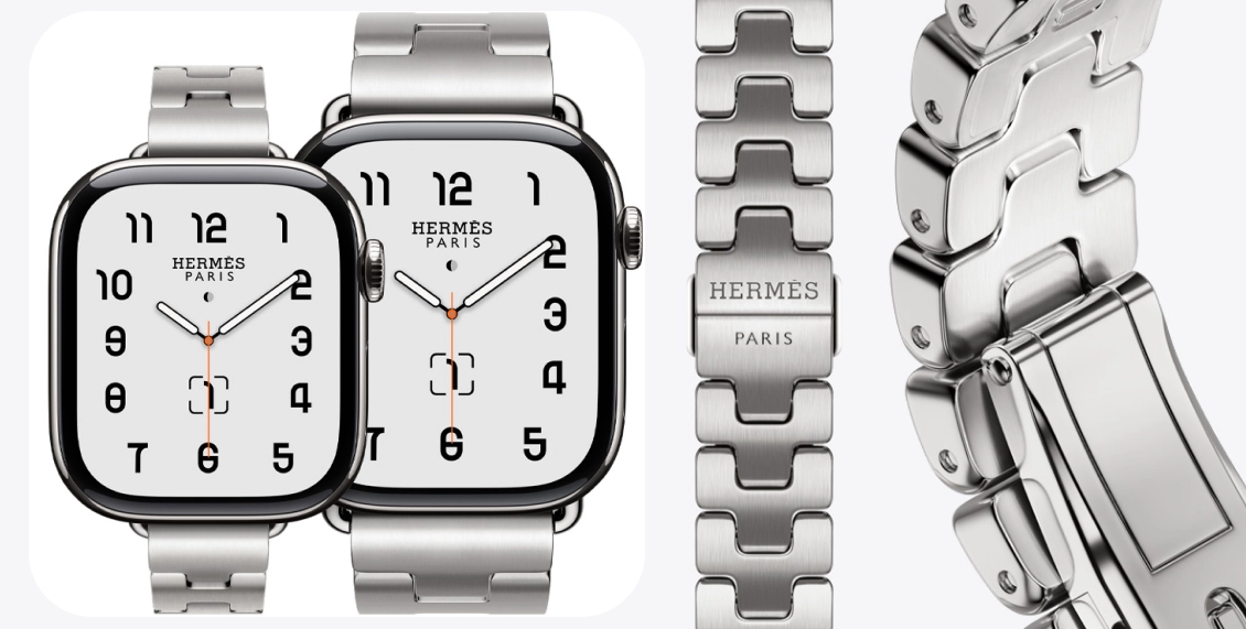 Умные часы Apple Watch Hermes Series 11 42mm GPS + Cellular Silver Titanium Case Gold/Ecru Single Tour Toile H Strap  (with Orange Hermès Sport band) - 1