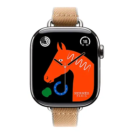Умные часы Apple Watch Hermes Series 11 42mm GPS + Cellular Silver Titanium Case Kraft/Bleu Glacier Single Tour Twill Jump Attelage Strap (with Orange Hermès Sport band) - 2