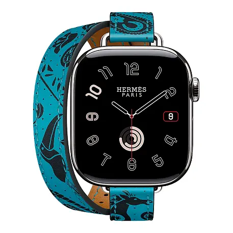 Умные часы Apple Watch Hermes Series 11 42mm GPS + Cellular Silver Titanium Case Bleu du Nord/Noir Double Tour "Animaux Bandana" Attelage Animaux Bandana Strap (with Orange Hermès Sport band) - 2