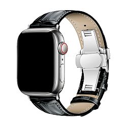 Ремешок (застёжка "бабочка") для Apple Watch 44 / 45 / 46 / 49mm кожа чёрный с крокодиловым узором