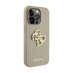 Клип-кейс (накладка) CG Mobile Guess PU Perforated with 4G Glitter Metal Logo для Apple iPhone 15 Pro искусственная кожа, пластик, золотой