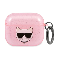 Кобура CG Mobile Lagerfeld TPU With Ring для Apple AirPods 3 силикон, "Choupette" розовый с блёстками