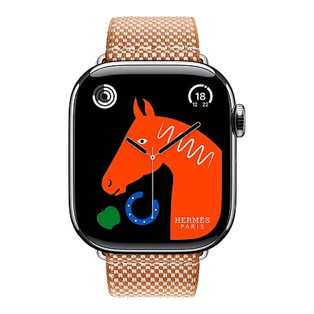 Умные часы Apple Watch Hermes Series 11 42mm GPS + Cellular Silver Titanium Case Gold/Ecru Single Tour Toile H Strap (with Orange Hermès Sport band) - 2