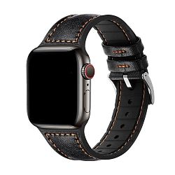 Ремешок для Apple Watch 44 / 45 / 46 / 49mm кожа чёрный с коричневой строчкой