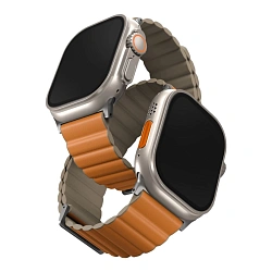 Магнитный браслет UNIQ Revix Premium Edition для Apple Watch 44 / 45 / 46 / 49mm искусственная кожа, силикон "апельсин"-хаки