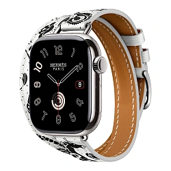 Умные часы Apple Watch Hermes Series 11 42mm GPS + Cellular Silver Titanium Case Blanc/Noir Double Tour "Animaux Bandana" Attelage Animaux Bandana Strap