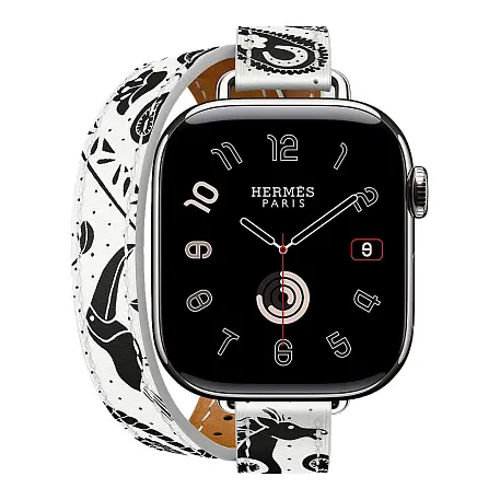Умные часы Apple Watch Hermes Series 11 42mm GPS + Cellular Silver Titanium Case Blanc/Noir Double Tour "Animaux Bandana" Attelage Animaux Bandana Strap (with Orange Hermès Sport band) - 2