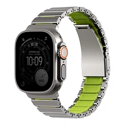 Блочный браслет UNIQ Strova Flex для Apple Watch 44 / 45 / 46 / 49mm сталь, силикон серебристый, зелёный