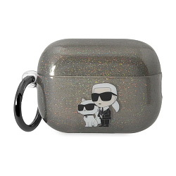 Кобура CG Mobile Lagerfeld TPU With Ring для Apple AirPods Pro 2 силикон, "Karl and Choupette" чёрный с блёстками