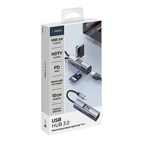 Адаптер-разветвитель для компьютера Deppa USB HUB 3.0 (7в1) серый - 2