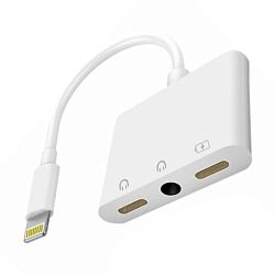 Адаптер-переходник MH035 (Lightning to 3.5mm mini Jack + Lightning x2) 10 см, белый